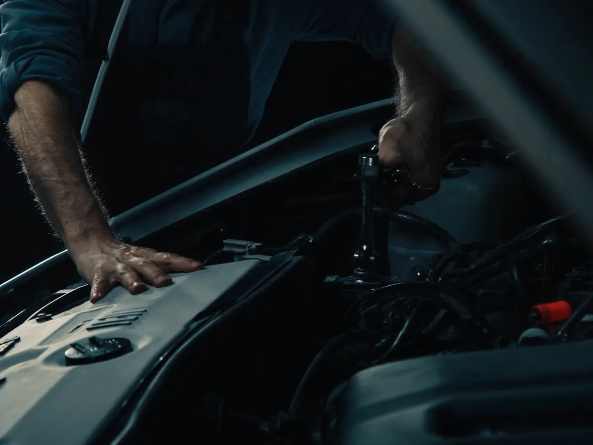 A mechanic's gloved hands working with a socket wrench inside an open engine bay
